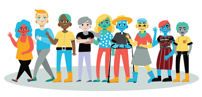 Personajes del sitio ¿A qué no sabías? — grupo diverso que incluye una persona cyborg indígena maya, un sacerdote, una mamá de familia, una persona queer con bastón, un extranjero blanco, una mujer morena y otros personajes con diversidad étnica, de género y de cuerpos